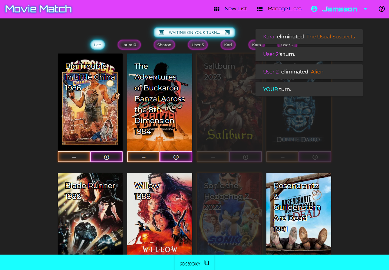 Screenshot of a MovieMatch group movie selection room
