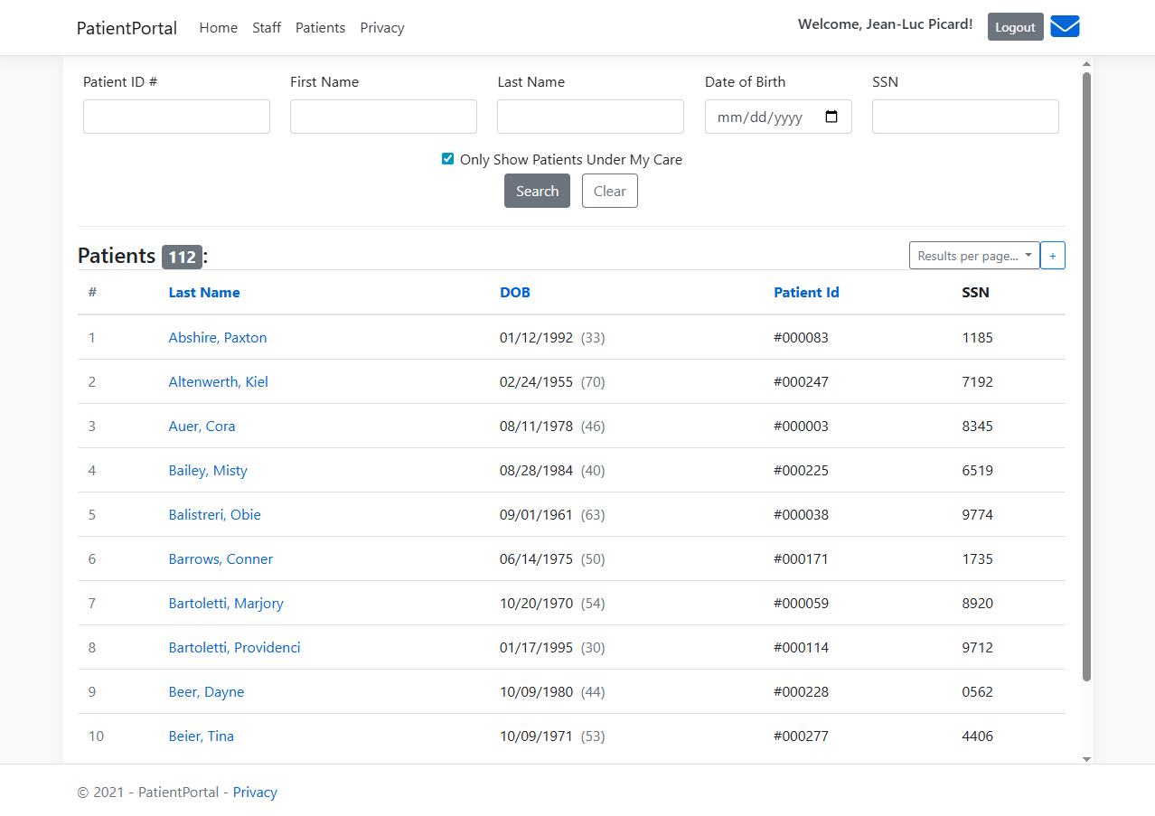 Screenshot of PatientPortal patient search results
